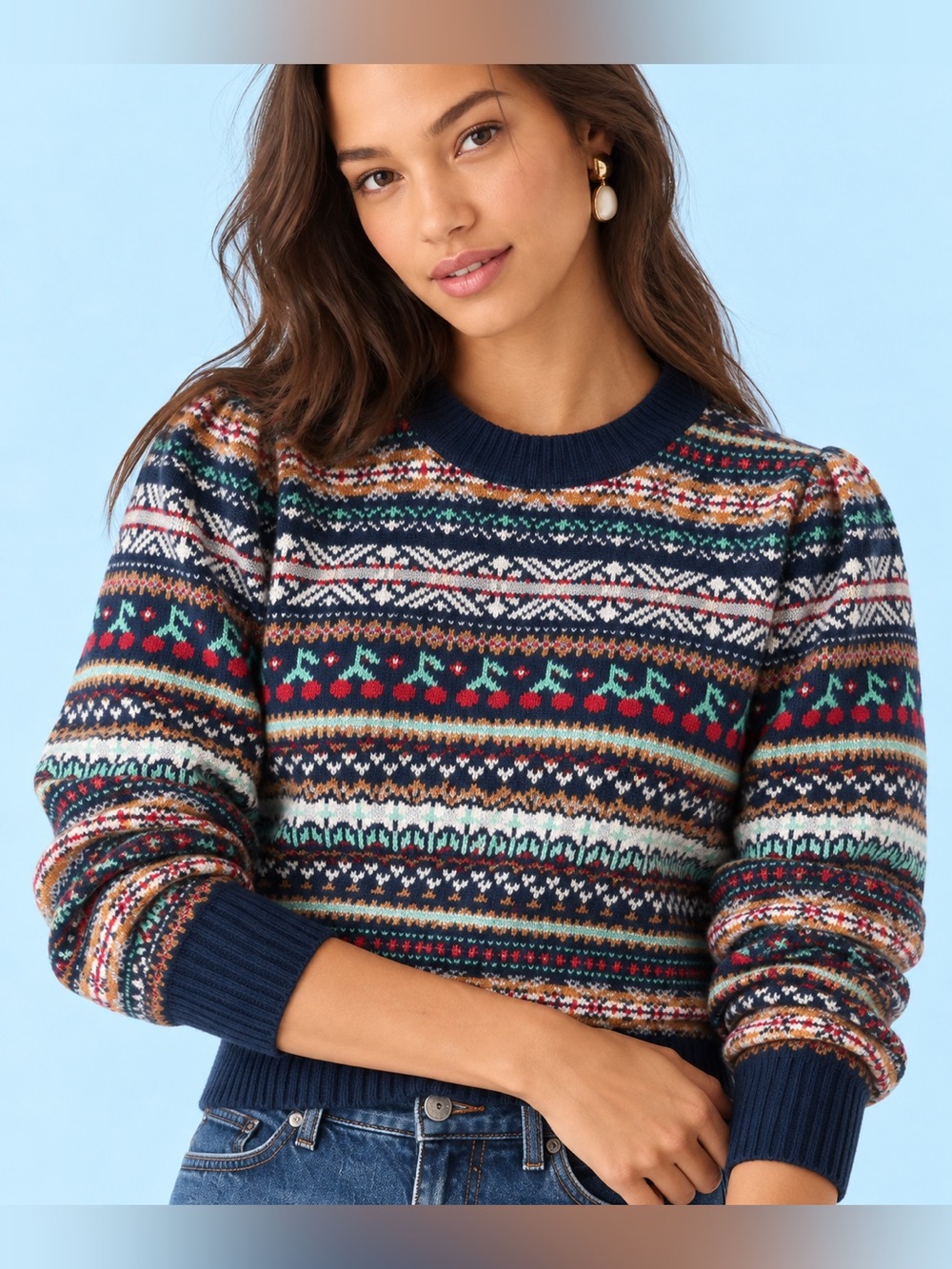 J.Crew Fair Isle Cherry Lambswool Blend Sweater Navy Multicolor M